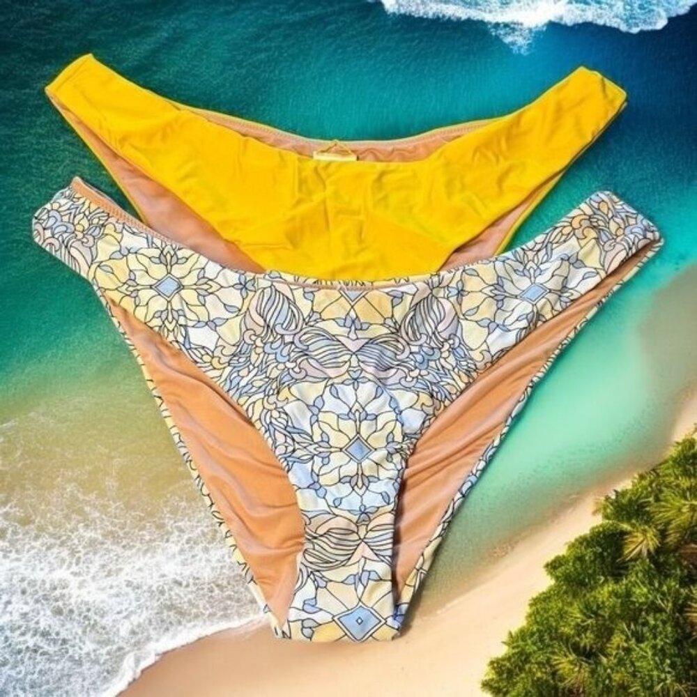 NEW J. Crew Yellow Solid and Blue Floral Print Bikini Bottoms Coastal Resort L